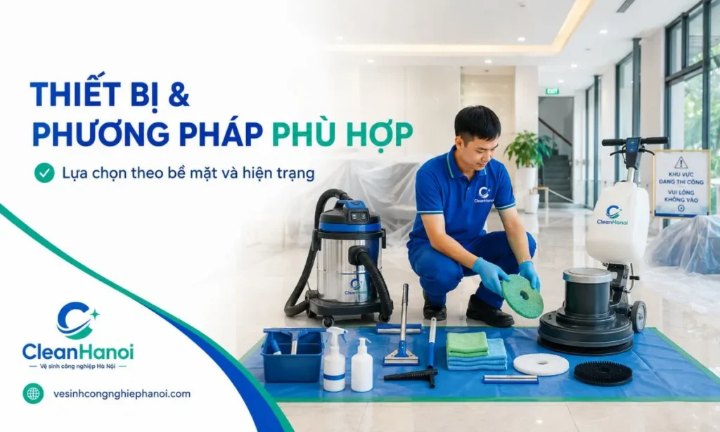 Thiết bị và dụng cụ được lựa chọn theo loại sàn, kính, mức độ bụi và vết bẩn tại công trình.