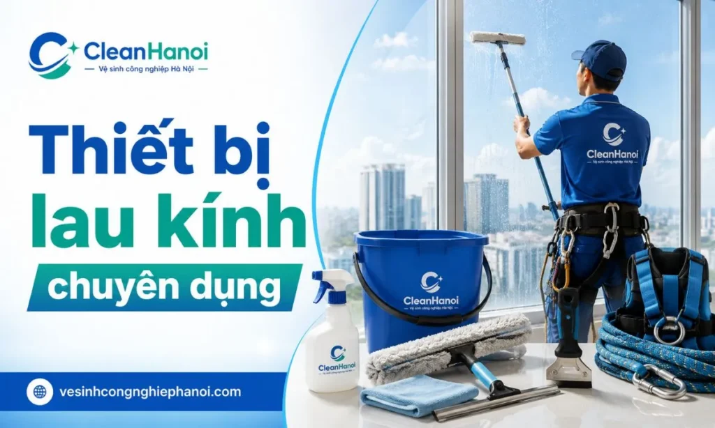 Hình ảnh bộ dụng cụ lau kính gồm cây gạt kính, khăn lau, xô dung dịch, dụng cụ nối dài và đồ bảo hộ thi công.