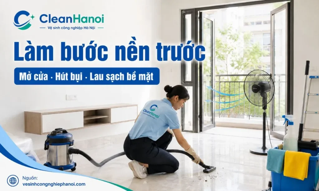 Hình ảnh minh họa bước mở cửa thông gió, dùng quạt đẩy mùi ra ngoài và vệ sinh bụi mịn sau xây dựng trước khi đặt than hoạt tính, cà phê, vỏ cam hoặc baking soda.