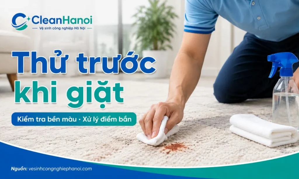 Minh họa thao tác thử hóa chất ở góc khuất của thảm và xử lý vết bẩn cục bộ bằng khăn trắng, phù hợp với thảm màu, thảm len và thảm trang trí.
