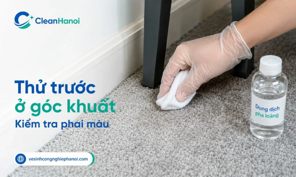 Thử hóa chất giặt thảm ở góc khuất bằng khăn trắng trước khi giặt diện rộng