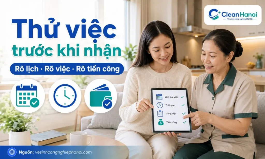 Hình ảnh minh họa giai đoạn thử việc và thỏa thuận với người giúp việc, gồm lịch làm, tiền công, phạm vi công việc, quy định nghỉ, khu vực riêng tư và cách xử lý khi làm hỏng đồ.