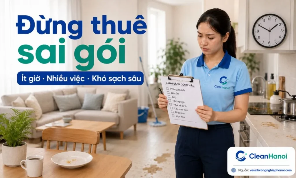 Nhà bẩn nhiều, bếp dầu mỡ, WC bám cặn, ban công nhiều bụi, kính bẩn và nhiều đồ cần sắp xếp nếu chỉ thuê vài giờ có thể không đủ thời gian để làm sạch như kỳ vọng.