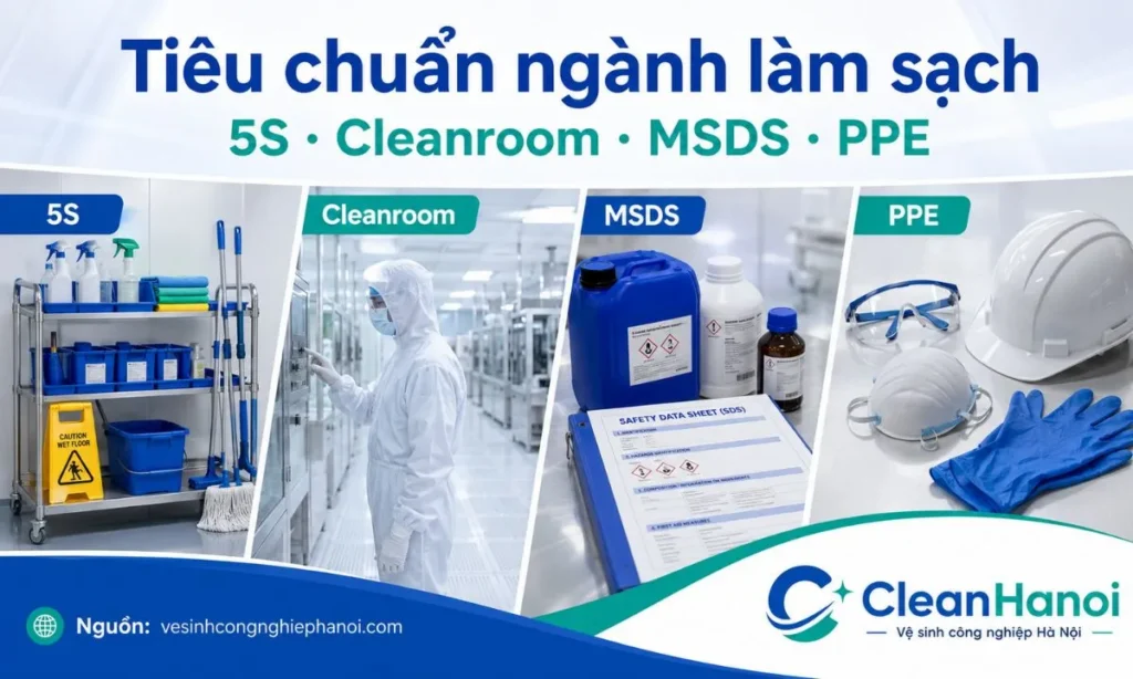 Hình ảnh minh họa các tiêu chuẩn quan trọng trong ngành vệ sinh công nghiệp như 5S, kiểm soát bụi mịn phòng sạch, tài liệu an toàn hóa chất MSDS và bảo hộ lao động PPE.
