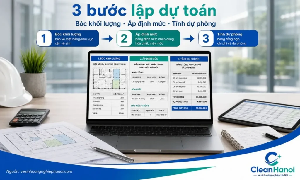 Hình ảnh minh họa quy trình lập bảng dự toán vệ sinh công nghiệp gồm bóc tách khối lượng, áp định mức chi phí trực tiếp, tính chi phí quản lý, vận chuyển, giám sát và dự phòng rủi ro.