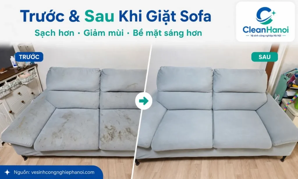 Hình ảnh minh họa trước và sau khi giặt ghế sofa tại Cầu Giấy, giúp khách hàng thấy sự khác biệt khi sofa được hút bụi, xử lý vết bẩn, khử mùi và làm sạch bề mặt.