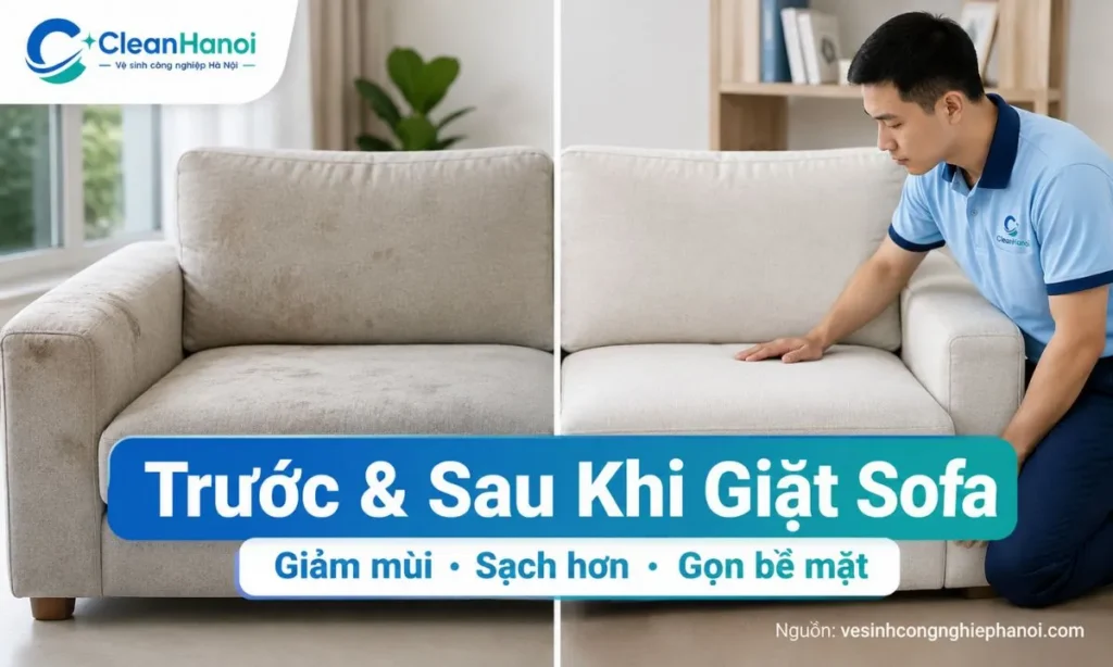 trước và sau khi giặt ghế sofa tại Long Biên, thể hiện sự cải thiện về độ sạch, mùi và bề mặt sau khi vệ sinh đúng cách.
