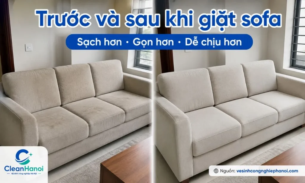 Hình ảnh thực tế trước và sau khi giặt sofa tại Đông Anh cho thấy bề mặt ghế sạch hơn, sáng hơn, giảm bụi bẩn và cảm giác xỉn màu sau khi vệ sinh.