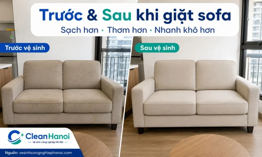 Hình ảnh trước và sau khi giặt ghế sofa tại Hai Bà Trưng cho thấy sự khác biệt về độ sạch, mùi ẩm, bụi bẩn và bề mặt sofa sau khi được vệ sinh đúng cách.