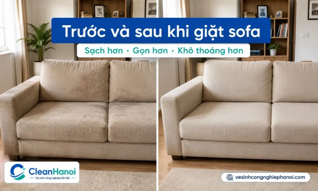 Hình ảnh trước và sau khi giặt sofa tại Hoài Đức giúp khách hàng thấy bề mặt ghế sạch hơn, giảm xỉn màu, bớt bụi ở khe ghế và gọn gàng hơn sau vệ sinh.