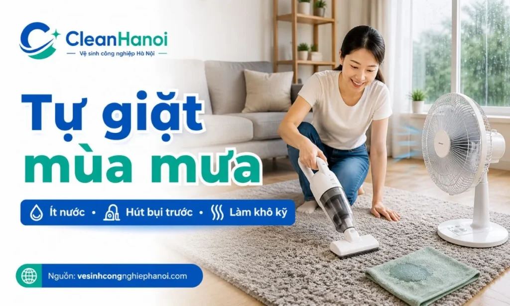 Hình ảnh minh họa các lưu ý khi tự giặt thảm vào mùa mưa như hút bụi trước, dùng ít nước, không dùng nhiều xà phòng và làm khô bằng quạt hoặc thông gió.
