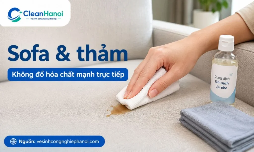 Tự tẩy sofa và thảm bằng hóa chất mạnh có thể gây loang màu, xù sợi và mùi ẩm