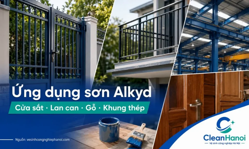 Hình ảnh minh họa các ứng dụng phổ biến của sơn Alkyd trong xây dựng và sửa chữa như sơn cửa sắt, lan can, khung thép, máy móc, tủ kệ, đồ gỗ và bề mặt kim loại.