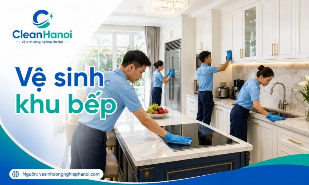 Ảnh minh họa công việc vệ sinh khu bếp biệt thự, xử lý mặt bếp, bồn rửa, bàn bếp, tủ bếp bên ngoài và khu vực sinh hoạt bếp.