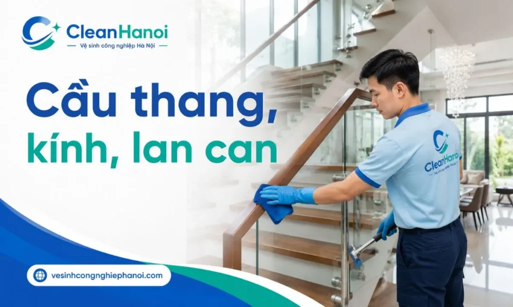 Ảnh minh họa công việc vệ sinh cầu thang biệt thự, lau lan can kính, tay vịn, mép bậc thang, cửa kính và các chi tiết dễ bám bụi.