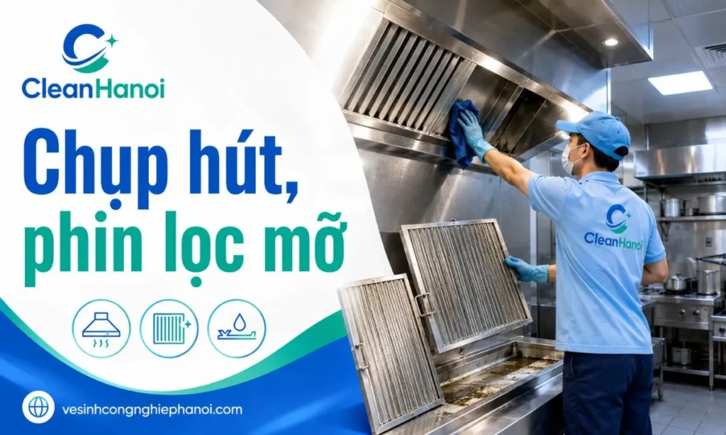 Ảnh minh họa công việc vệ sinh chụp hút khói, phin lọc mỡ, máng hứng mỡ và bề mặt inox khu vực hút mùi trong bếp công nghiệp.