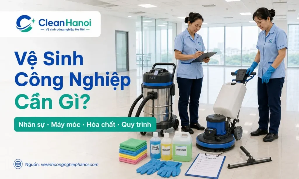 Hình ảnh minh họa các yếu tố cần có trong một ca vệ sinh công nghiệp gồm nhân sự, máy móc, hóa chất, dụng cụ thủ công, quy trình thi công và kiểm tra nghiệm thu.