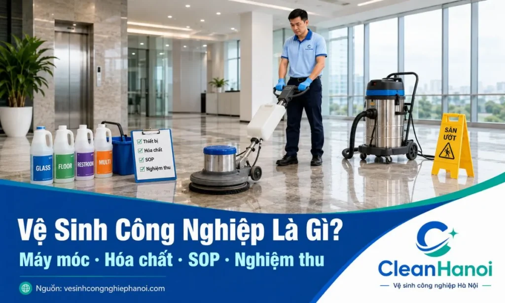 Hình ảnh minh họa vệ sinh công nghiệp là ngành làm sạch chuyên nghiệp kết hợp nhân sự, máy móc, hóa chất chuyên dụng, quy trình SOP và tiêu chuẩn nghiệm thu.