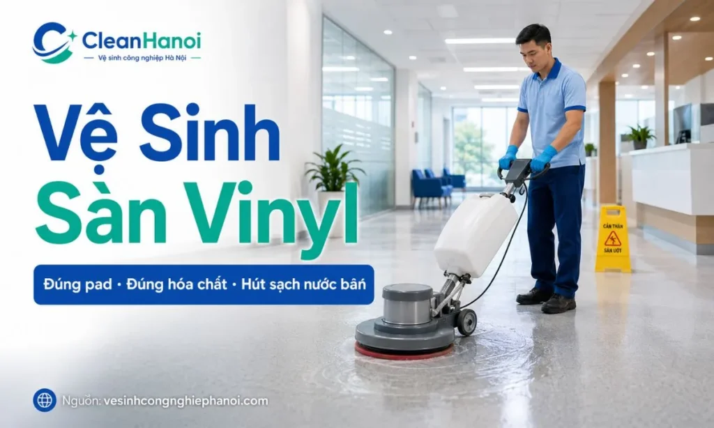 Hình ảnh minh họa quy trình vệ sinh công nghiệp sàn vinyl bằng máy chà sàn, pad mềm, hóa chất trung tính và bước hút sạch nước bẩn để hạn chế xước mờ, đọng cặn và bong mép sàn.