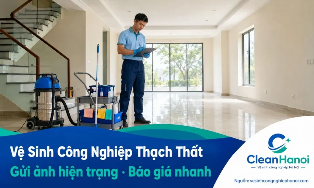 CleanHanoi cung cấp dịch vụ vệ sinh công nghiệp Thạch Thất cho nhà ở, biệt thự, văn phòng, cửa hàng, kho xưởng và công trình sau xây dựng.