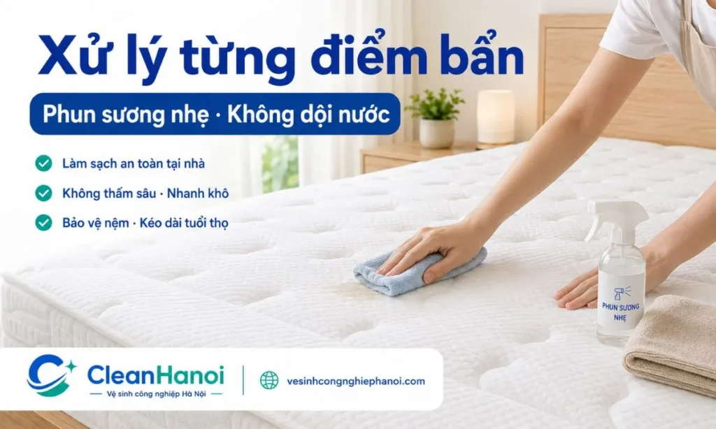 Khi giặt đệm xốp tại nhà, nên xử lý từng điểm bẩn bằng khăn ẩm vắt ráo hoặc bình xịt phun sương nhẹ, không dội nước trực tiếp, không làm ướt sâu và không chà mạnh.