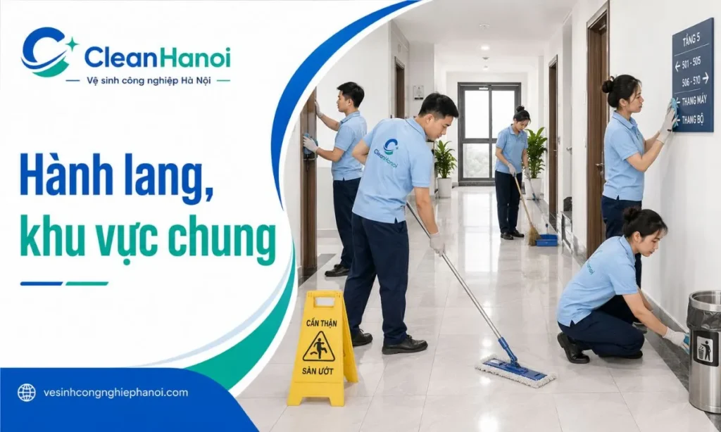 Ảnh minh họa công việc vệ sinh hành lang tòa nhà, lau sàn, thu gom rác, làm sạch chân tường, cửa tầng và khu vực công cộng.