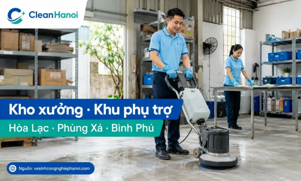 CleanHanoi nhận vệ sinh kho xưởng, khu phụ trợ, khu sản xuất nhỏ tại Thạch Thất, Hòa Lạc, Phùng Xá, Bình Phú theo hiện trạng mặt bằng.
