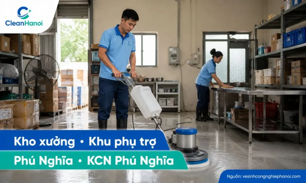 CleanHanoi nhận vệ sinh kho xưởng, khu phụ trợ, mặt bằng sản xuất và văn phòng điều hành tại Chương Mỹ, khu vực Phú Nghĩa và KCN Phú Nghĩa.