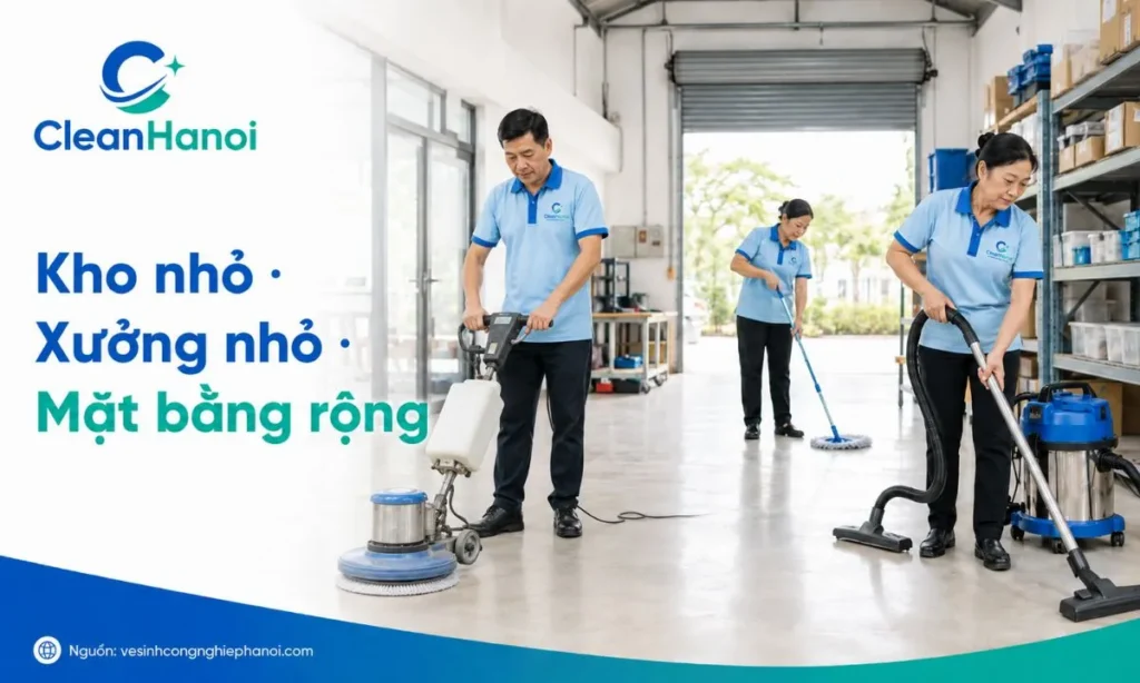 Hình ảnh CleanHanoi vệ sinh kho hàng, xưởng nhỏ, mặt bằng rộng, sàn bê tông, khu phụ trợ và khu vực làm việc tại Long Biên.