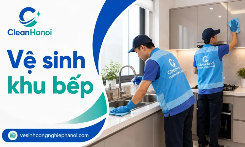 vệ sinh khu bếp trong nhà ở, tập trung vào bề mặt bếp, bồn rửa và khu vực ăn uống.