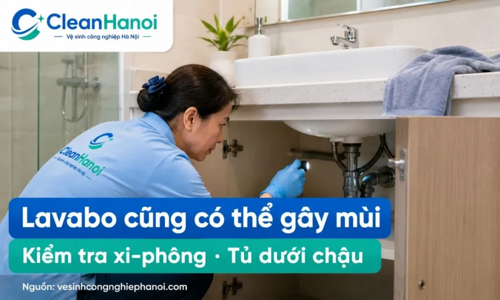 Kiểm tra miệng thoát lavabo, xi-phông và tủ dưới chậu rửa để xử lý mùi hôi