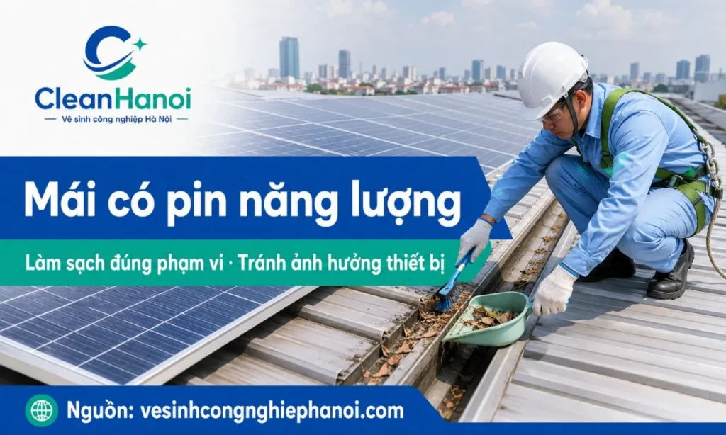 Hình ảnh minh họa vệ sinh khu vực mái tôn quanh hệ pin năng lượng mặt trời, chú ý khung đỡ, dây dẫn, rác đọng, máng thoát nước và phạm vi được phép vệ sinh.