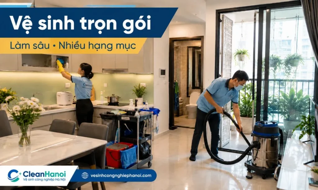 Vệ sinh nhà cửa trọn gói phù hợp với nhà lâu ngày chưa dọn, căn hộ trước khi chuyển vào, nhà sau sửa chữa nhẹ, bếp dầu mỡ, WC bám cặn, kính, ban công và nhiều khu vực cần làm sạch cùng lúc.