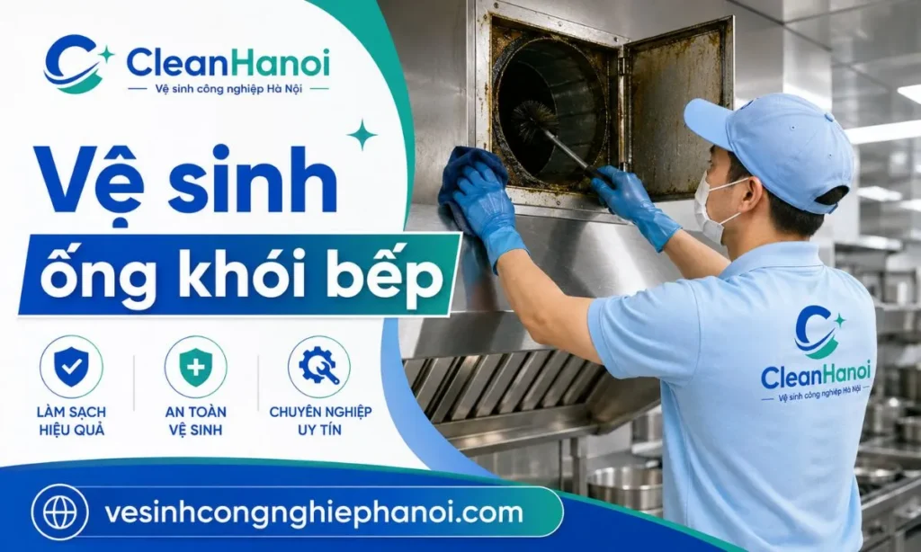 Ảnh thể hiện hạng mục vệ sinh ống khói nhà bếp, đường ống hút mùi, khu vực cửa thăm hoặc đoạn ống bám dầu mỡ cần xử lý.