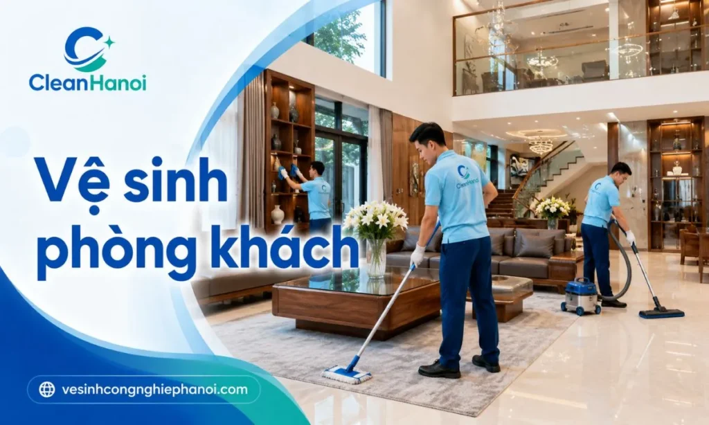 Ảnh thể hiện nhân viên vệ sinh phòng khách biệt thự, làm sạch sàn, bàn ghế, kệ tủ, kính và các bề mặt sử dụng thường xuyên.