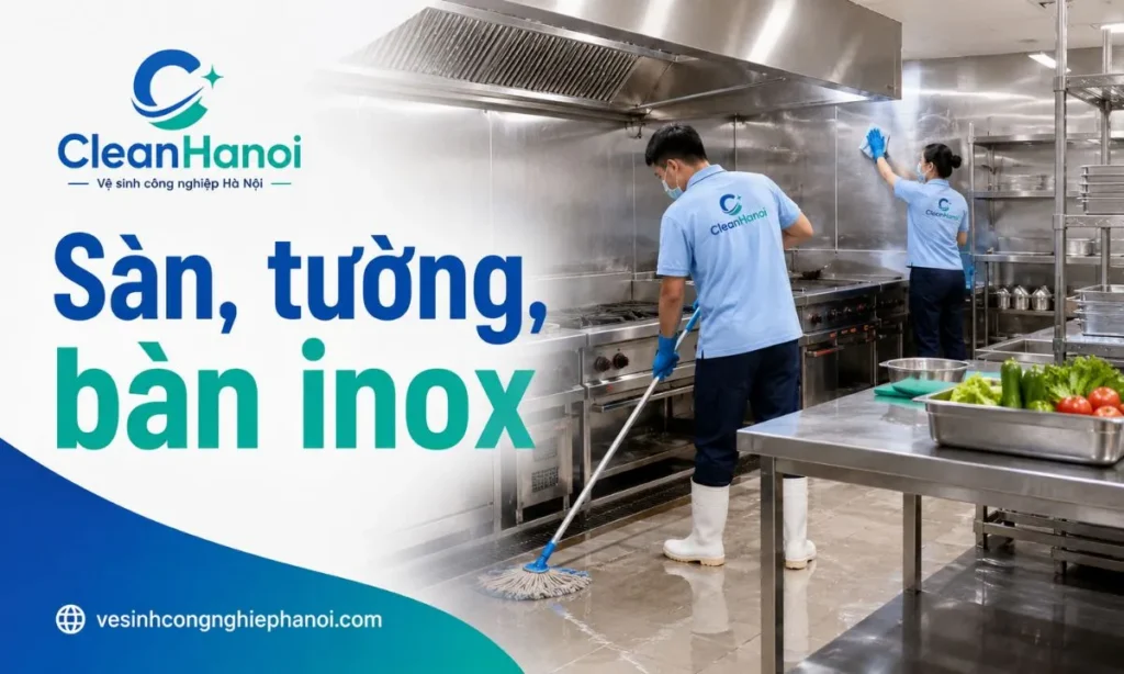 Ảnh minh họa vệ sinh sàn bếp công nghiệp, tường gần bếp, bàn inox, kệ inox, khu sơ chế, khu rửa và khu vực quanh bếp nấu.