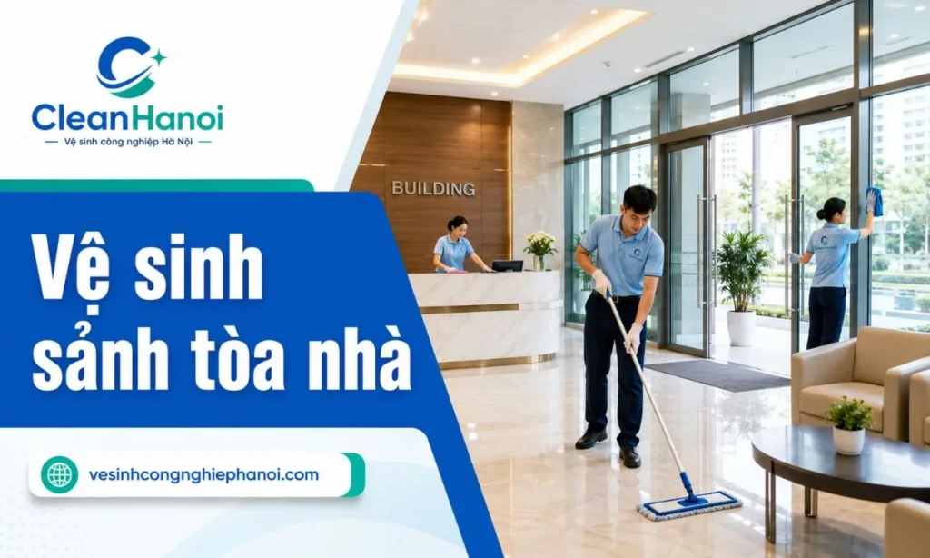 Ảnh thể hiện nhân viên vệ sinh sảnh tòa nhà, lau sàn, cửa ra vào, tay nắm, khu vực lễ tân và bề mặt thường xuyên tiếp xúc.