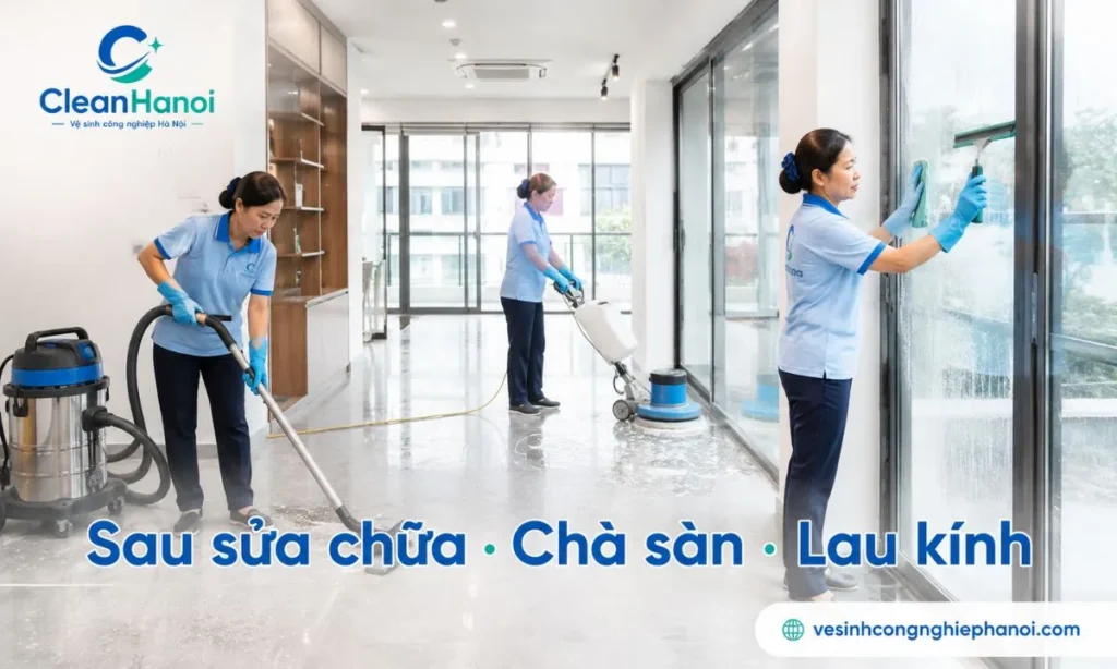 Vệ sinh sau sửa chữa và chà sàn tại Cầu Giấy
