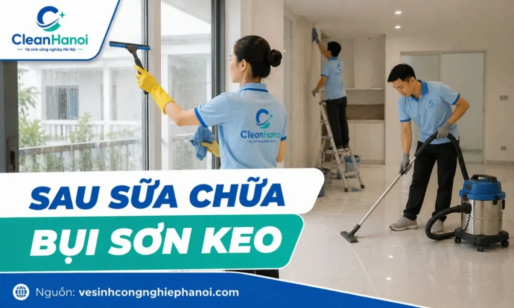 Hình ảnh nhân viên CleanHanoi vệ sinh sau sửa chữa tại Đống Đa, xử lý bụi mịn, vết sơn, keo và làm sạch sàn, kính, thiết bị.