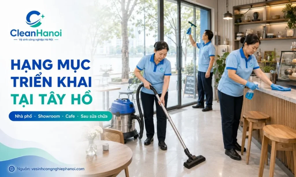 Hình ảnh vệ sinh sau sửa chữa nội thất tại Tây Hồ, xử lý bụi thạch cao, bụi gỗ, vết sơn, keo silicone, xi măng, ray cửa, hộc tủ, sàn, kính và thiết bị vệ sinh.