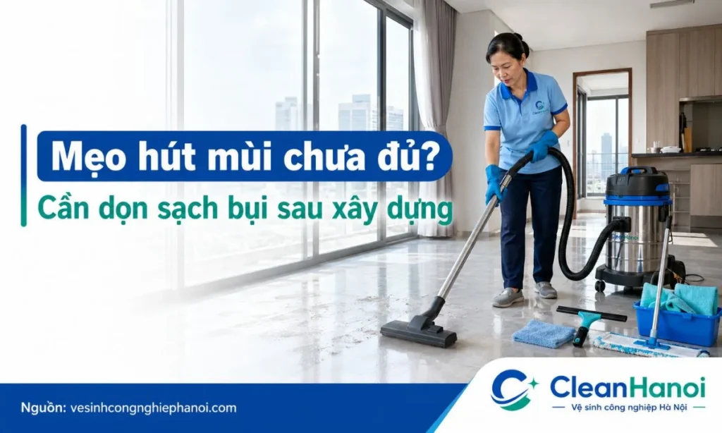 Hình ảnh minh họa vệ sinh sau xây dựng cho nhà mới sơn, làm sạch bụi mịn, kính, sàn, ray cửa, nhà vệ sinh, bếp và các góc khuất để hỗ trợ giảm mùi sơn, mùi keo và mùi vật liệu mới.
