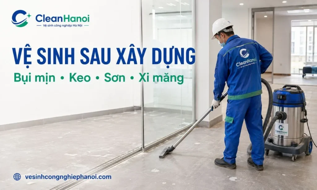 Nhân viên CleanHanoi xử lý bụi và vết bẩn sau xây dựng tại Hà Đông