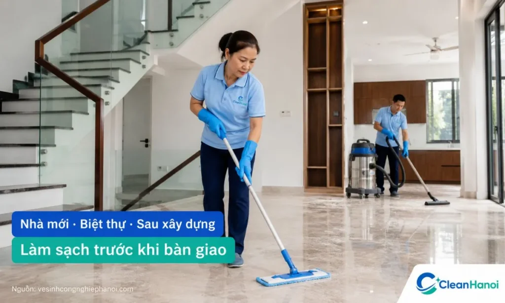 Vệ sinh sau xây dựng tại Chương Mỹ cho nhà mới, biệt thự, công trình sau sửa chữa, xử lý bụi mịn, sơn, keo, xi măng, sàn và kính.