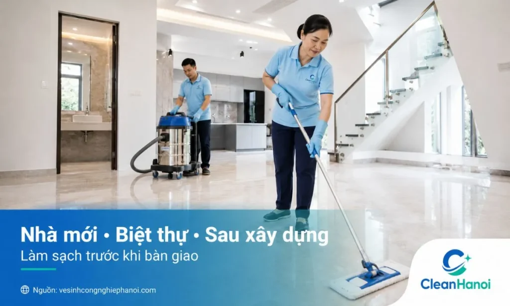 Vệ sinh sau xây dựng tại Thạch Thất cho nhà mới, biệt thự, công trình sau sửa chữa, xử lý bụi mịn, sơn, keo, xi măng, sàn và kính.