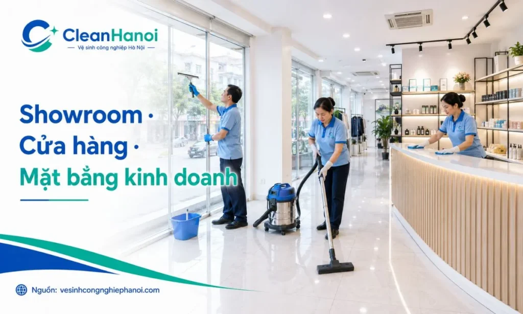 Hình ảnh nhân viên CleanHanoi vệ sinh showroom, cửa hàng, văn phòng nhỏ, shophouse và mặt bằng kinh doanh tại Long Biên, phù hợp khu Nguyễn Văn Cừ, Cổ Linh, Ngô Gia Tự, Nguyễn Sơn và gần AEON Mall Long Biên.