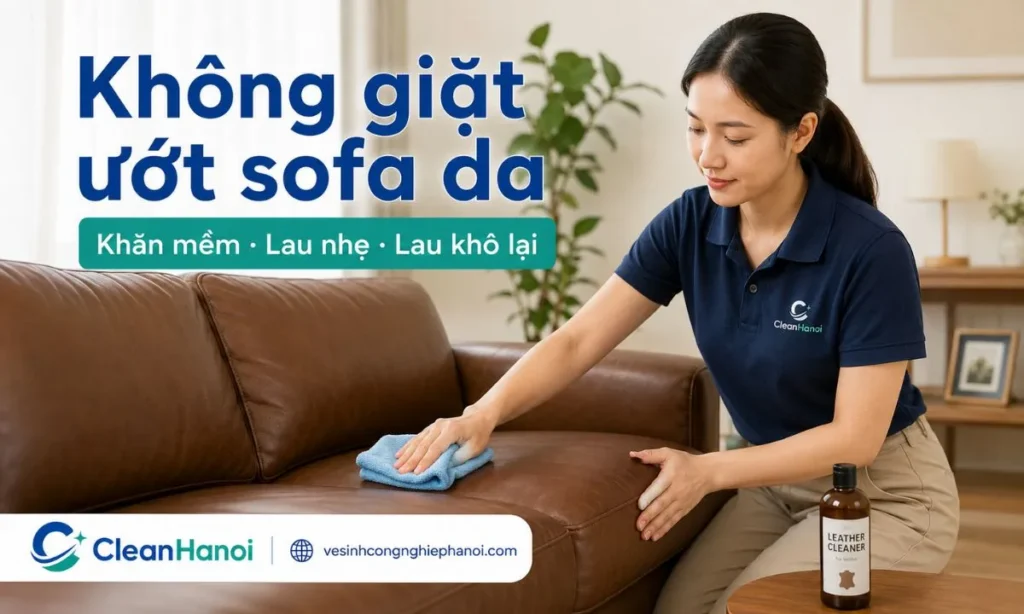 Cách vệ sinh sofa da đúng là lau từng vùng nhỏ bằng khăn mềm hơi ẩm hoặc dung dịch vệ sinh da phù hợp, không đổ nước trực tiếp, không chà mạnh và lau khô lại sau khi làm sạch.
