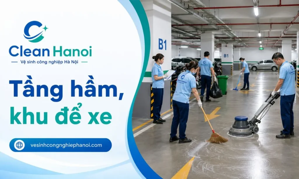 Ảnh thể hiện vệ sinh tầng hầm, khu để xe tòa nhà, xử lý bụi bẩn, rác nhỏ, vệt bánh xe và lối đi chung trong quá trình vận hành.