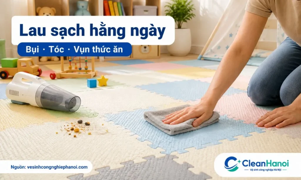 Vệ sinh thảm xốp hằng ngày nên bắt đầu bằng quét hoặc hút bụi nhẹ, sau đó lau bằng khăn ẩm vắt ráo, lau lại bằng khăn khô và để thảm khô trước khi bé chơi lại.