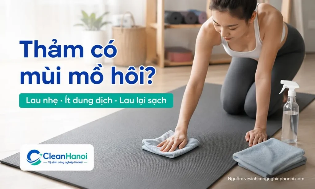 Khi thảm yoga bị bẩn hoặc có mùi mồ hôi, nên dùng dung dịch vệ sinh nhẹ pha loãng, lau đều bằng khăn mềm, lau lại bằng khăn ẩm sạch và thấm khô trước khi phơi thoáng.