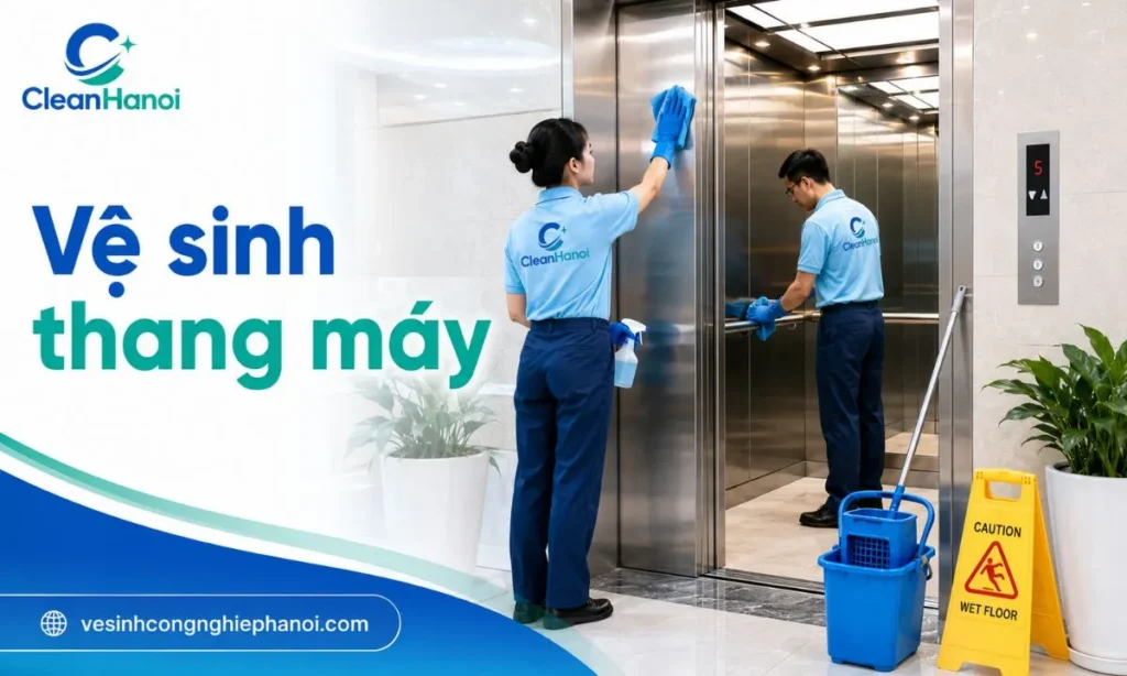 Ảnh thể hiện nhân viên vệ sinh thang máy tòa nhà, làm sạch nút bấm, tay vịn, cửa thang, sàn cabin và khu vực chờ thang.